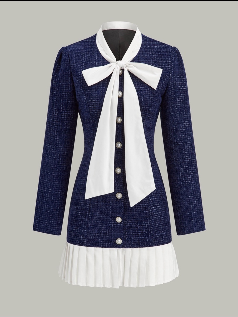 Commense Pleated Hem Bow Neckline Tweed Mini Dress